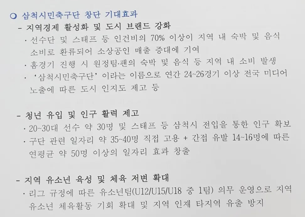 삼척시민축구단 창단 기대효과. /사진=김지영 삼척시의원 SNS 캡처