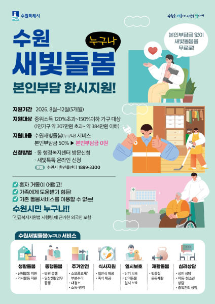 수원새빛돌봄(누구나) 본인부담금 한시 지원 안내 포스터./사진제공=수원시