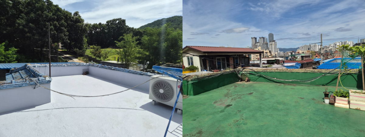 지난 10일 서울시 중랑구 망우동 소재 한 주택. 같은 건물의 한쪽은 차열페인트를 칠했고(사진 왼쪽), 다른 한쪽은 칠하지 않았다. 같은 건물임에도 차열페인트를 칠한 영역의 온도가 약 10도 가까이 낮았다./사진=권다희 기자