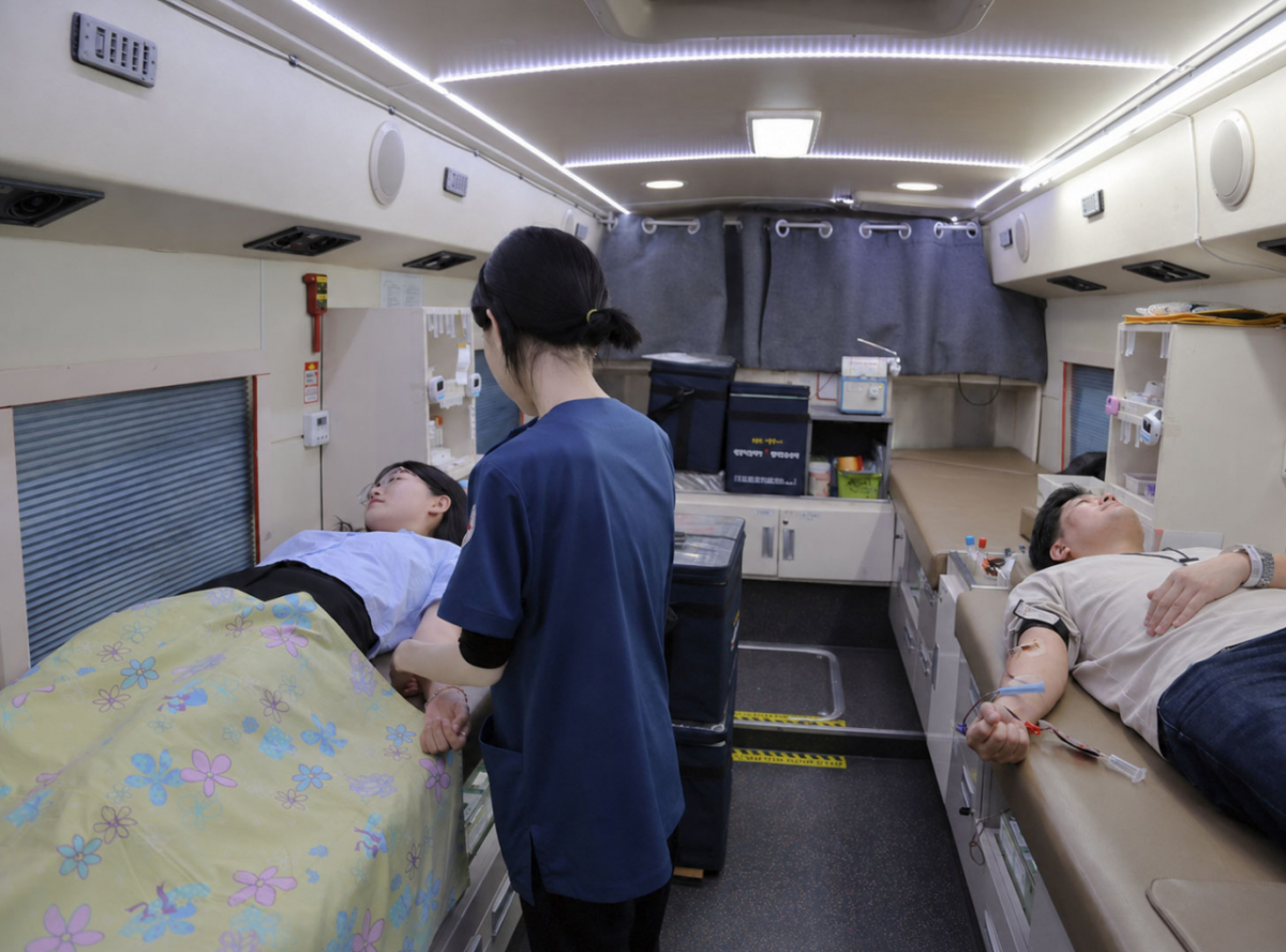 DL그룹 임직원이 12일 서울 강서구 원그로브 사옥 인근에 마련된 헌혈버스에서 ‘사랑의 헌혈 캠페인’에 참여하고 있다./사진제공=DL그룹