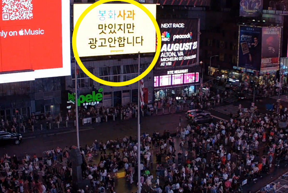 현지시간으로 13일 오후 9시 36분부터(한국시간 14일 오전 10시 36분) 15초동안 미국 뉴욕의 타임스스퀘어 전광판에 '봉화사과 맛있지만 광고안합니다'라는 한글 광고문이 등장했다./사진=뉴욕 타임스퀘어 홈페이지 라이브 갈무리