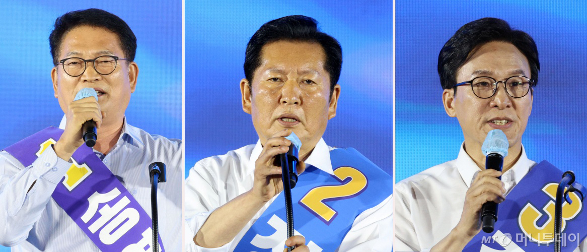 [고양=뉴시스] 고범준 기자 = 송영길(왼쪽부터), 정청래, 김민석 더불어민주당 당대표 후보가 16일 경기 고양시 일산서구 킨텍스 제2전시장에서 열린 민주당 당대표·최고위원 후보자 서울 합동연설회에서 각각 정견발표를 하고 있다. 2026.08.16. bjko@newsis.com /사진=