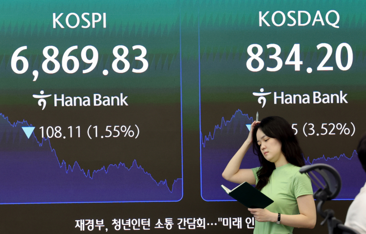코스피가 108.11포인트(1.55%) 내린 6869.83 마감한 18일 오후 서울 중구 하나은행 본점 딜링룸에서 딜러가 업무를 보고 있다.코스닥은 30.45포인트(3.52%) 내린 834.20 마감했고 원·달러 환율은 1.2원 내린 1411.8원에 마감됐다. /사진=뉴시스