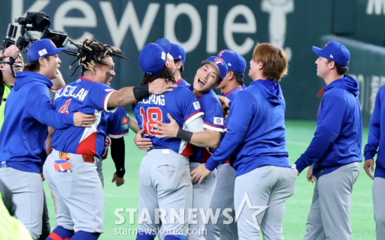 대만 선수들이 8일 도쿄돔에서 열린 2026 WBC 도쿄POOL 대한민국과 대만 경기 승부치기에서 승리하며 자축하고 있다. 026.03.08. /사진=강영조 cameratalks@