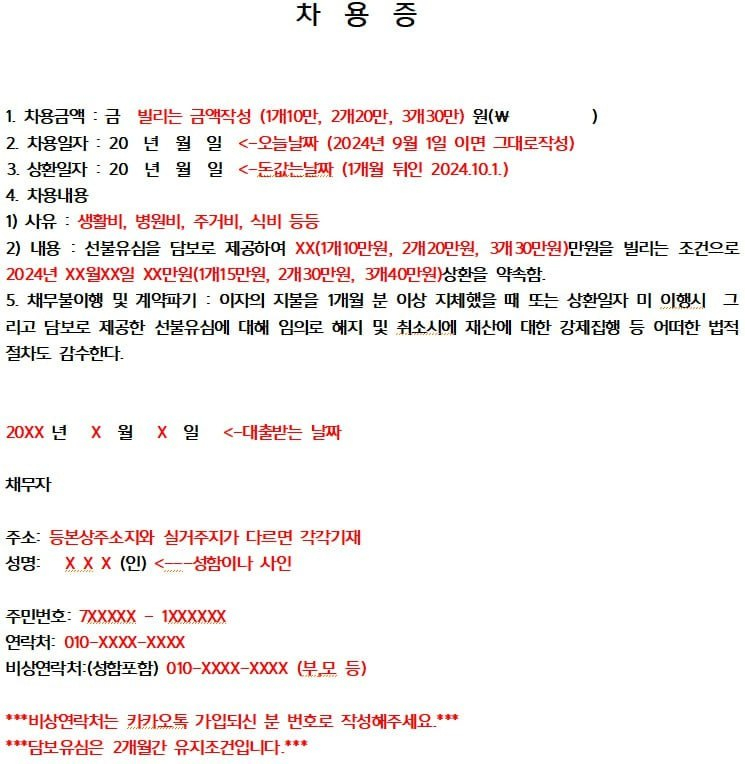 사진은 검거된 불법사금융 조직이 피해자들에게 작성하도록 한 차용증./사진제공=서울 강북경찰서.