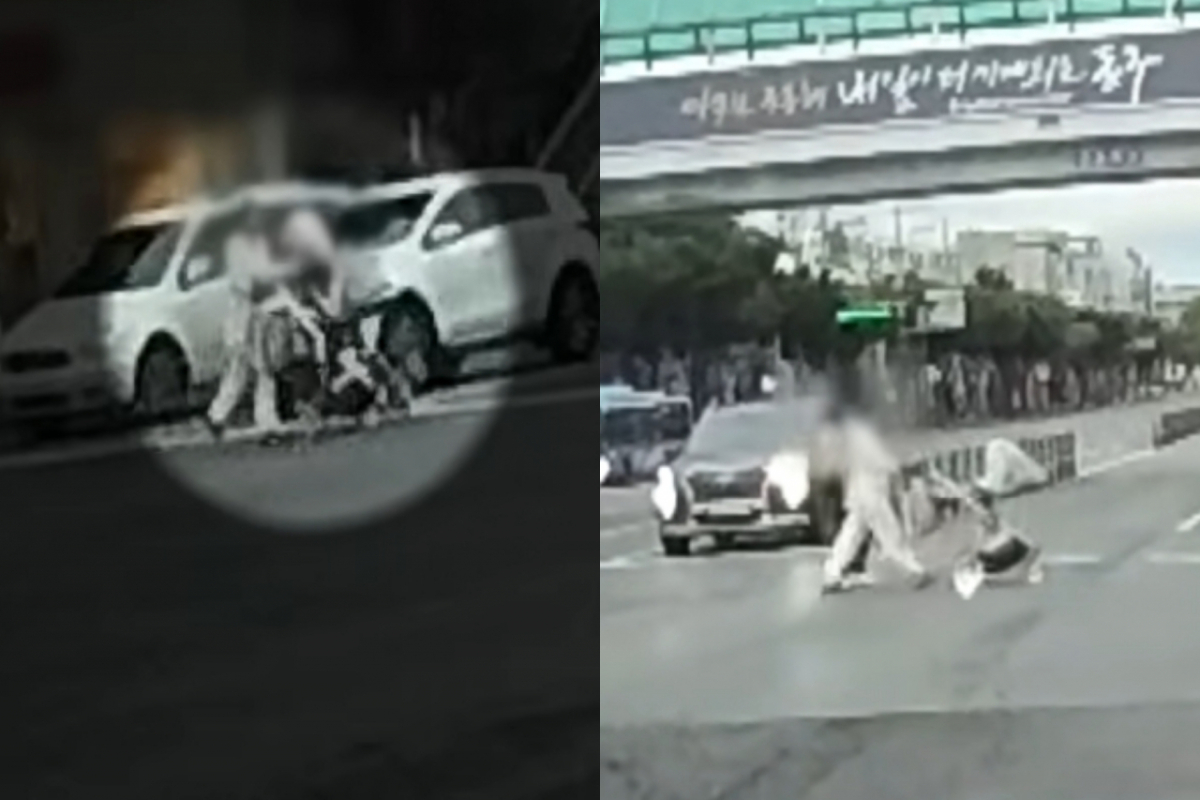 유모차를 끌며 10차선 도로를 무단횡단하는 여성들의 모습이 공개돼 충격을 안겼다. /사진=JTBC '사건반장' 캡처