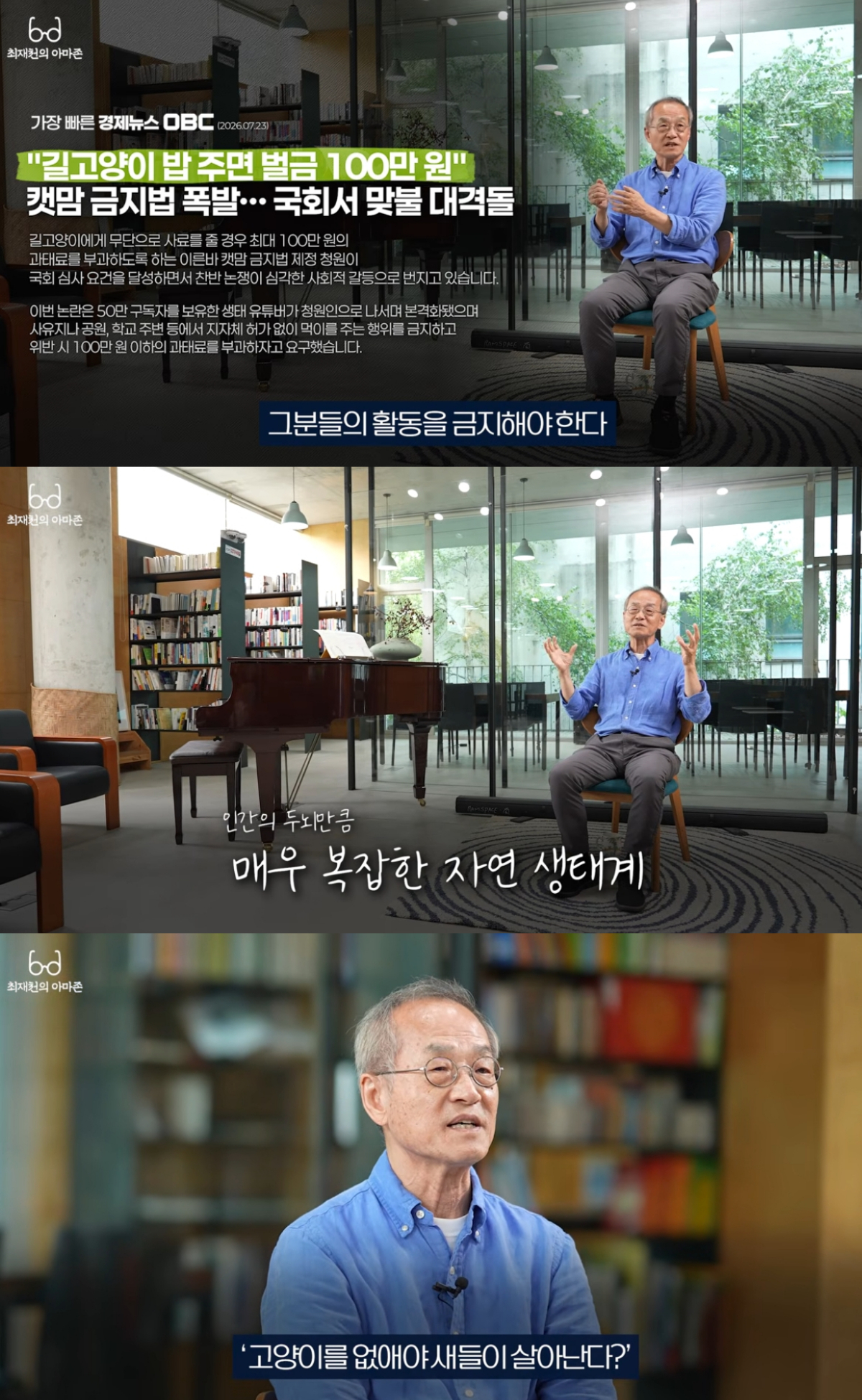 생태학자 최재천 이화여대 석좌교수가 최근 불거진 길고양이 급식 제한, 이른바 '캣맘 금지법' 논란에 대해 신중한 접근이 필요하다는 입장을 밝혔다. /사진=유튜브 채널 '최재천의 아마존' 캡처