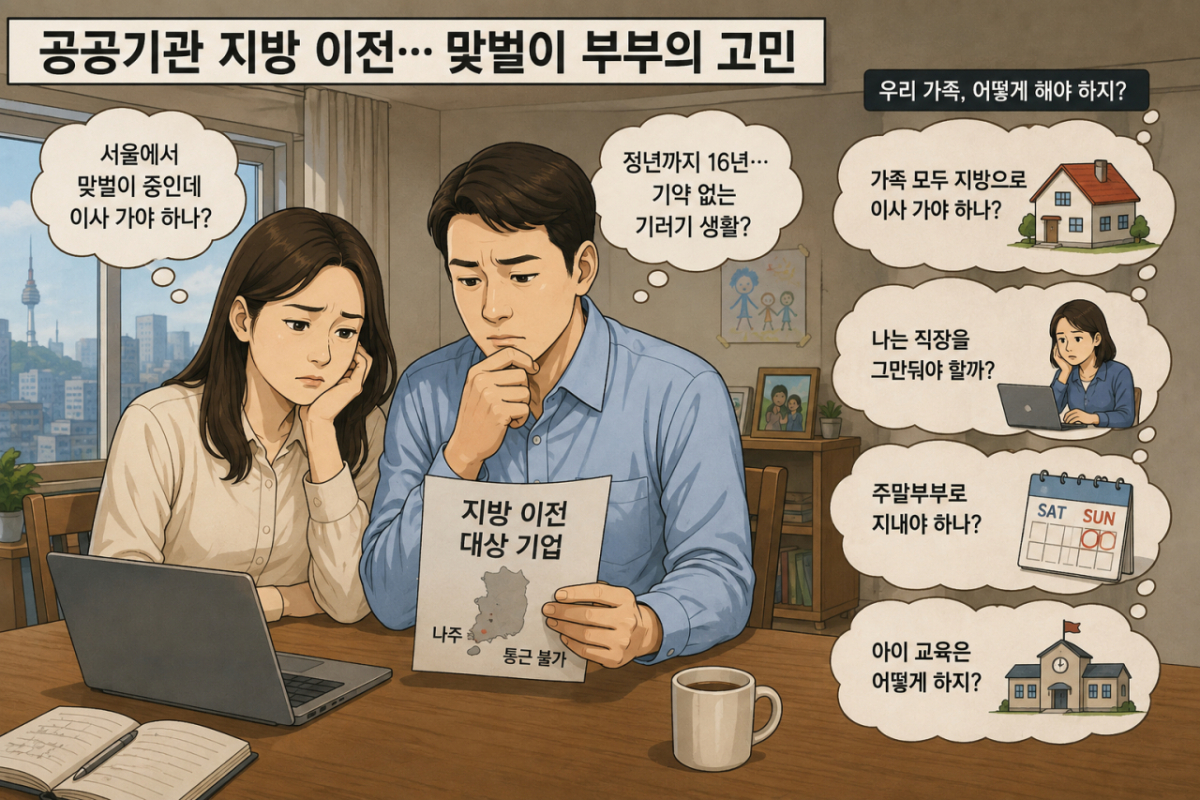 정부의 2차 공공기관 지방 이전 추진을 앞두고 이전 대상으로 언급되는 기관에 근무하는 맞벌이 부부들의 고민이 커지고 있다. 기사 이해를 돕기 위해 AI(인공지능)가 생성한 이미지./사진=챗GPT