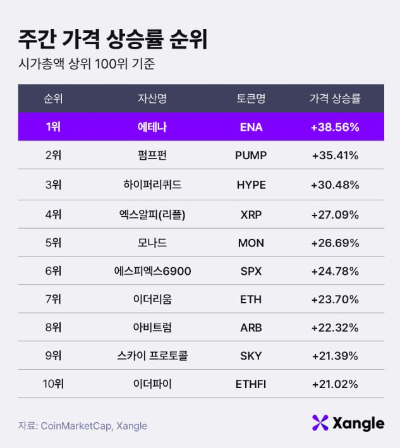 주간 가상자산 가격 상승률 순위(21일 오전 9시 기준)./사진제공=쟁글