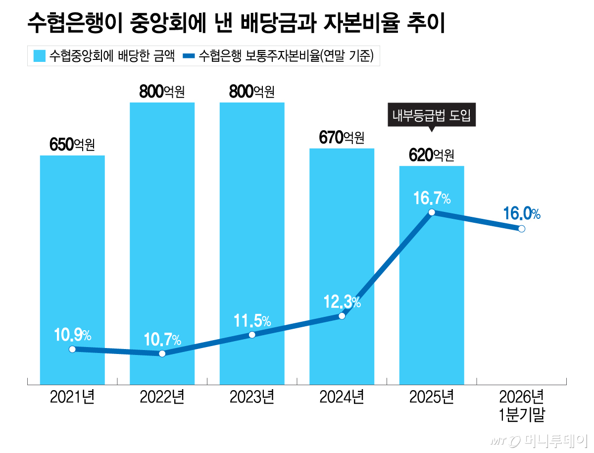 수협은행이 중앙회에 낸 배당금과 자본비율 추이/그래픽=이지혜