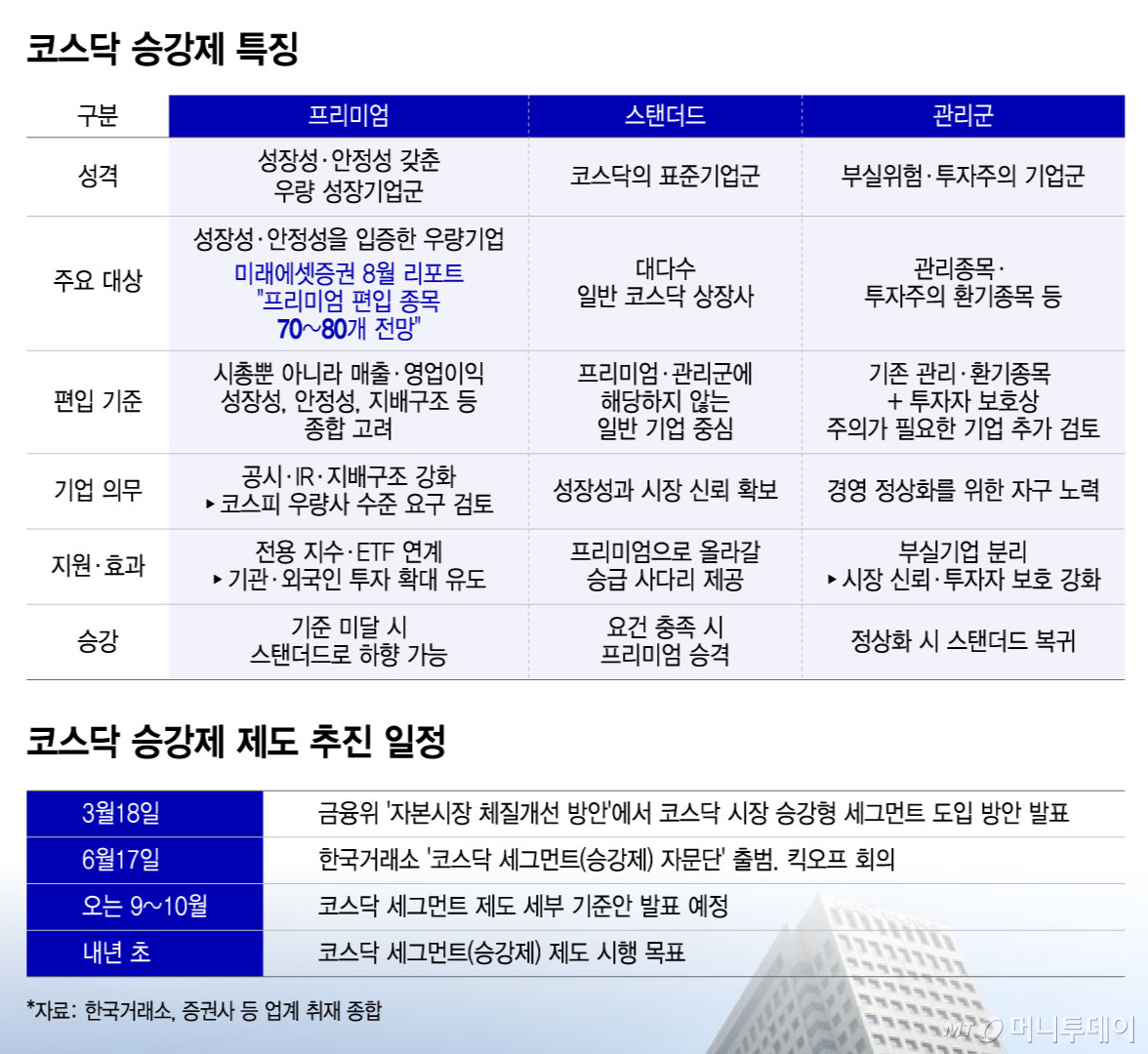코스닥 승강제 특징 및 제도 추진 일정/그래픽=윤선정