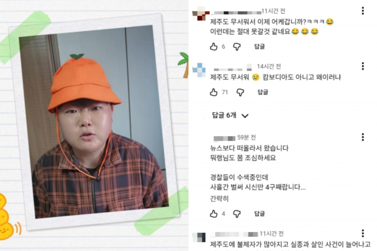 최근 제주에서 실종 사건이 잇따라 발생한 가운데 제주특별자치도 홍보대사를 맡고 있는 유튜버 '뭐랭하맨'의 채널에 제주를 비하하는 댓글이 이어지고 있다. 이를 두고 누리꾼들 사이에서는 "애꿎은 피해자가 발생했다"는 지적이 나오고 있다. 사진은 제주 홍보대사 유튜버 뭐랭하맨, 뭐랭하맨 채널에 달린 제주 비하성 댓글들. /사진=뭐랭하맨 인스타그램, 뭐랭하맨 유튜브 채널 캡처.