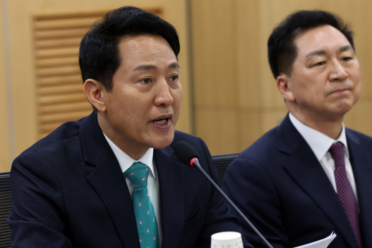 (오세훈 서울시장이 25일 오전 서울 국회 의원회관에서 열린 제10차 대한민국 미래혁신포럼 세미나 '미국의 大전략과 한국의 선택'에서 인사말을 하고 있다. /사진=뉴스1