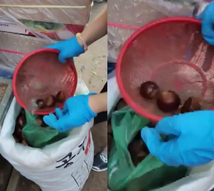 한 재래시장 상인이 손님에게 밤 세 알을 덤으로 얹어준 뒤 포장 과정에서 오히려 여섯 알을 몰래 빼낸 일이 알려졌다. /사진=JTBC '사건반장'