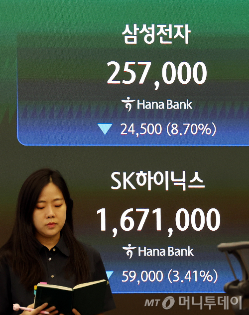 [서울=뉴시스] 박영태 기자 = 삼성전자와 하이닉스가  8.7%, 3.4% 하락 마감한 24일 오후 서울 중구 하나은행 본점 딜링룸에서 딜러들이 업무를 보고 있다. 2026.08.24. since1999@newsis.com /사진=박영태