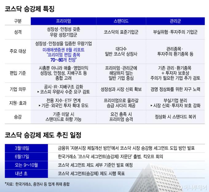 코스닥 승강제 특징 및 제도 추진 일정/그래픽=윤선정