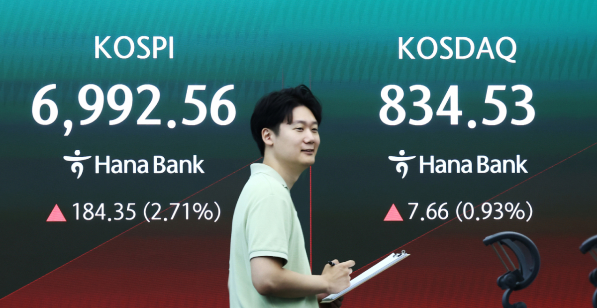 27일 오전 서울 중구 하나은행 딜링룸 전광판에 코스피 등 개장 시황이 나오고 있다. 이날 코스피는 187.91p(2.76%) 오른 9669.12, 코스닥은 1.55p(0.19%) 상승한 828.42에 출발했다. 2026.8.27/뉴스1