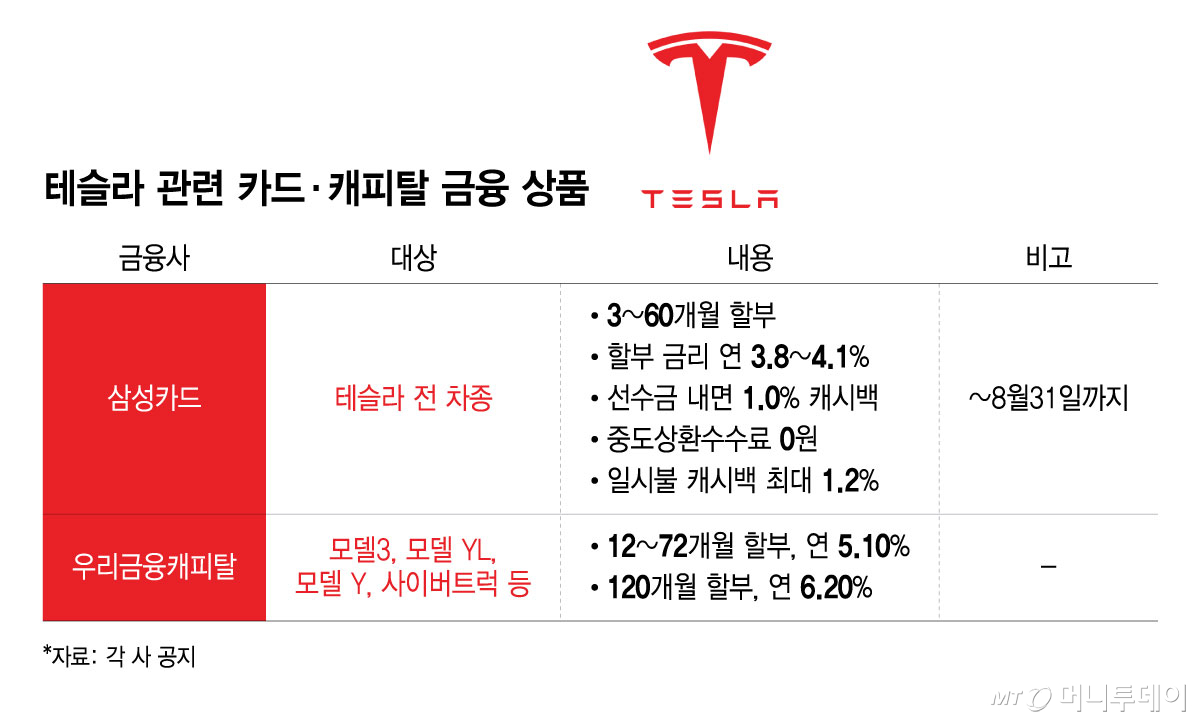 테슬라 관련 카드·캐피탈 금융 상품/그래픽=윤선정