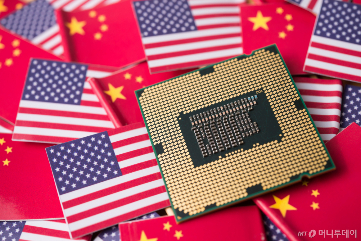 CPU computer (central processing unit) on Chinese and USA flag background. US vs China chip war or tech war, semiconductor industrial competition concept. US restrict and control chip export to China.