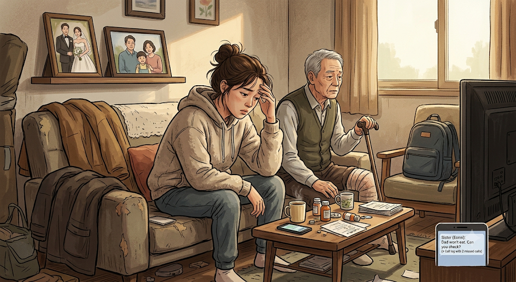 1남 2녀 중 막내로 부모님과 같은 지역에 살고 있다는 A씨가 최근 한 온라인 커뮤니티에 부모 돌봄의 고충을 토로하는 글을 올려 갑론을박을 불러일으켰다. 기사의 이해를 돕기 위해 구글 제미나이로 만든 이미지.