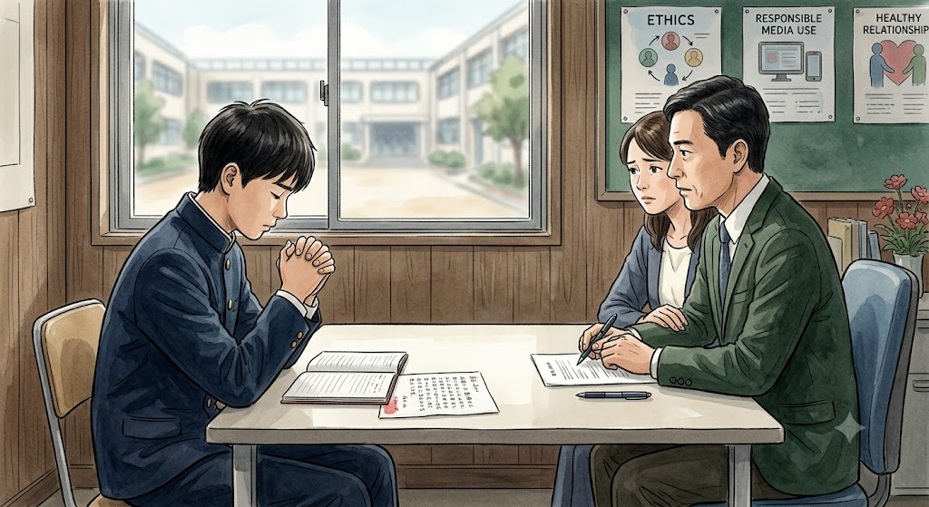 같은 학교에 다니던 여중생과의 성관계 영상을 동의 없이 친구들에게 보여주고 전송한 중학생에게 강제 전학 처분은 과도하다는 법원의 판단이 나왔다. 그림은 기사 내용을 토대로 구글 제미나이가 만든 이미지.