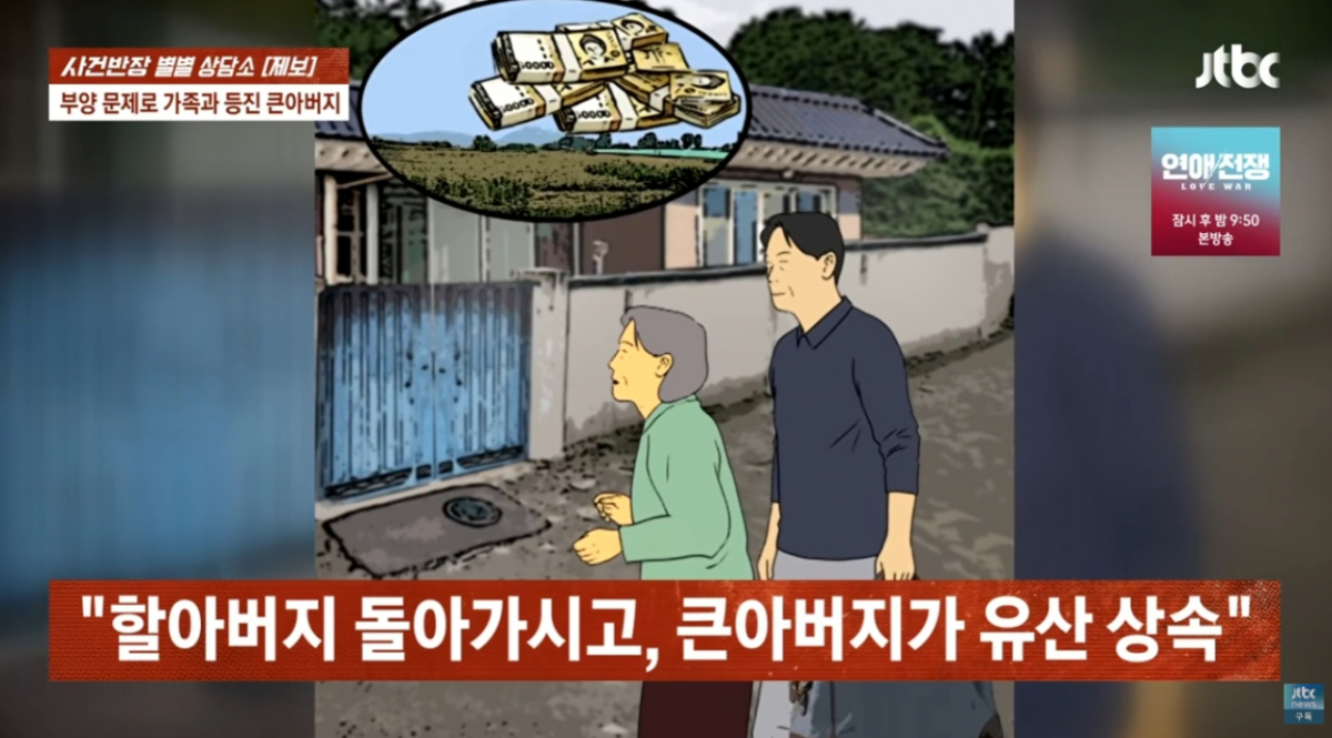 앞서 부친이 숨지자 5남매는 부친이 남긴 땅을 장남이 단독 상속하는 데 동의했다. 당시 부모를 모시고 살던 사람은 막내아들 A씨였다. 장남은 유산을 혼자 물려받는 것이 미안하다며 "앞으로 어머니는 내가 모시겠다"고 했다. 모친은 이후 장남의 집으로 거처를 옮겼다. /사진=JTBC '사건반장'