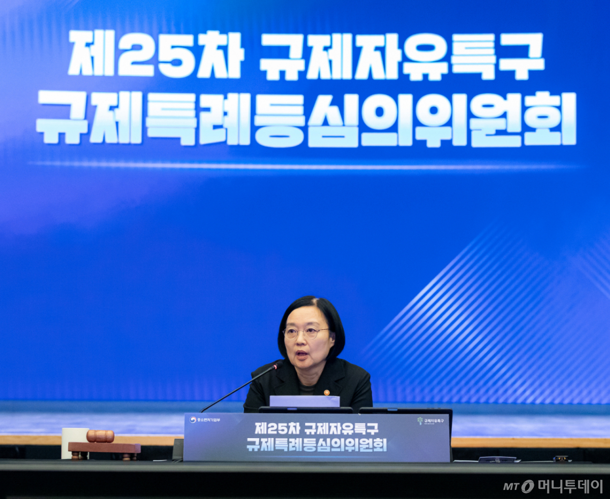 지난 6월 서울시 중구 대한상의 국제회의장에서 열린 '규제자유특구 심의위원회'에서 한성숙 국무총리(당시 중소벤처기업부 장관)가 인사말을 하고 있다. /사진=중소벤처기업부