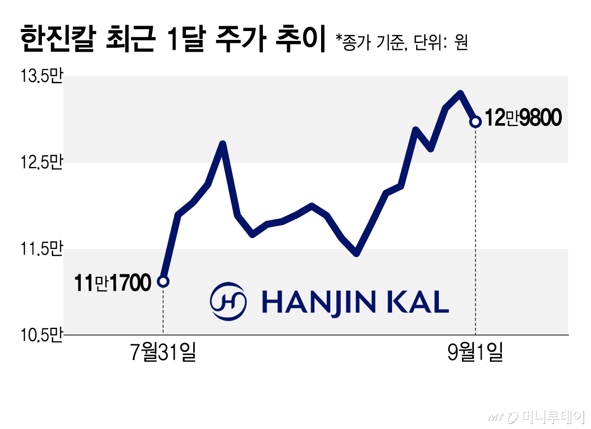 한진칼 최근 1달 주가 추이/그래픽=김지영