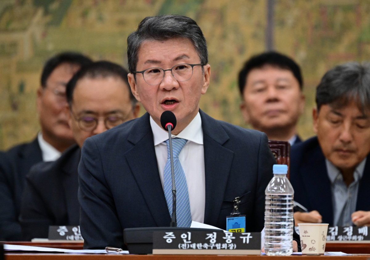 정몽규 전 대한축구협회장이 7월30일 서울 여의도 국회 문화체육관광위원회에서 열린 대한축구협회 현안 관련 청문회에 증인으로 출석해 의원들의 질의에 답하고 있다./사진=뉴시스.