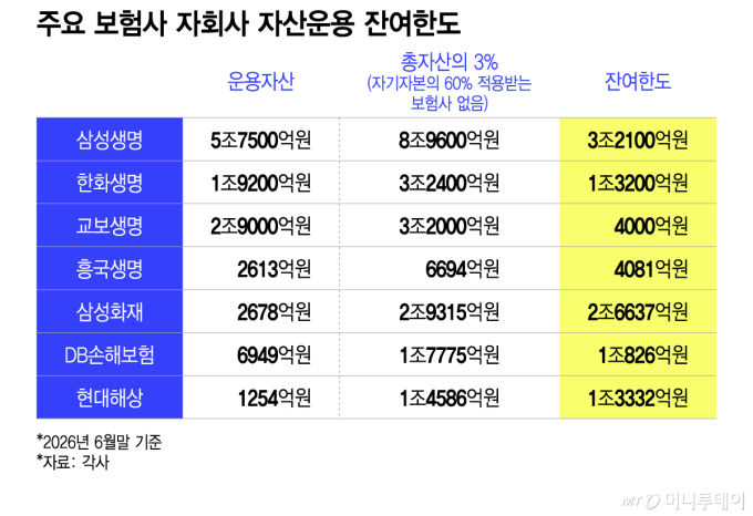주요 보험사 자회사 자산운용 잔여한도/그래픽=이지혜