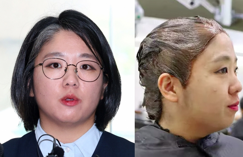 용혜인 성평등가족부 장관 후보자의 한줄 흰머리가 "브릿지 아니냐"며 온라인상에서 큰 관심을 받고 있다. 사진은 지난 2일 서울 서대문구 한국청소년활동진흥원에 마련된 인사청문 준비 사무실로 첫 출근하며 취재진 질문에 답변하는 모습. 오른쪽은 2024년 유튜브를 통해 공개한 흰 머리 염색 모습. /사진=뉴시스, 유튜브 영상 캡처