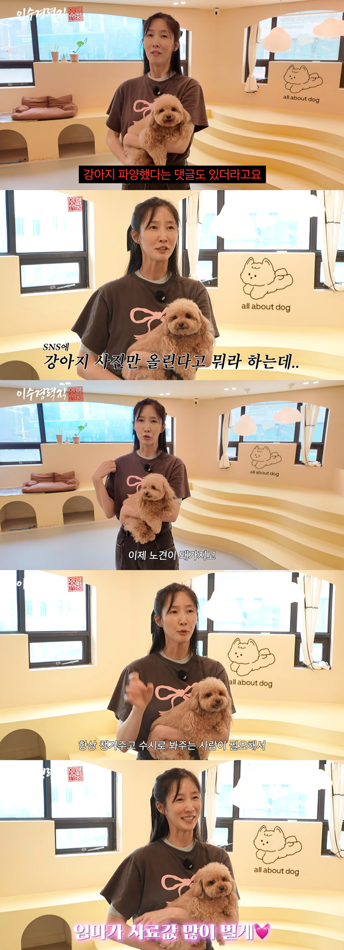 배우 이수경이 반려견들은 노견이라 부모님이 보살피고 있다며 파양설을 부인했다. /사진=유튜브 채널 '이수경력직' 영상