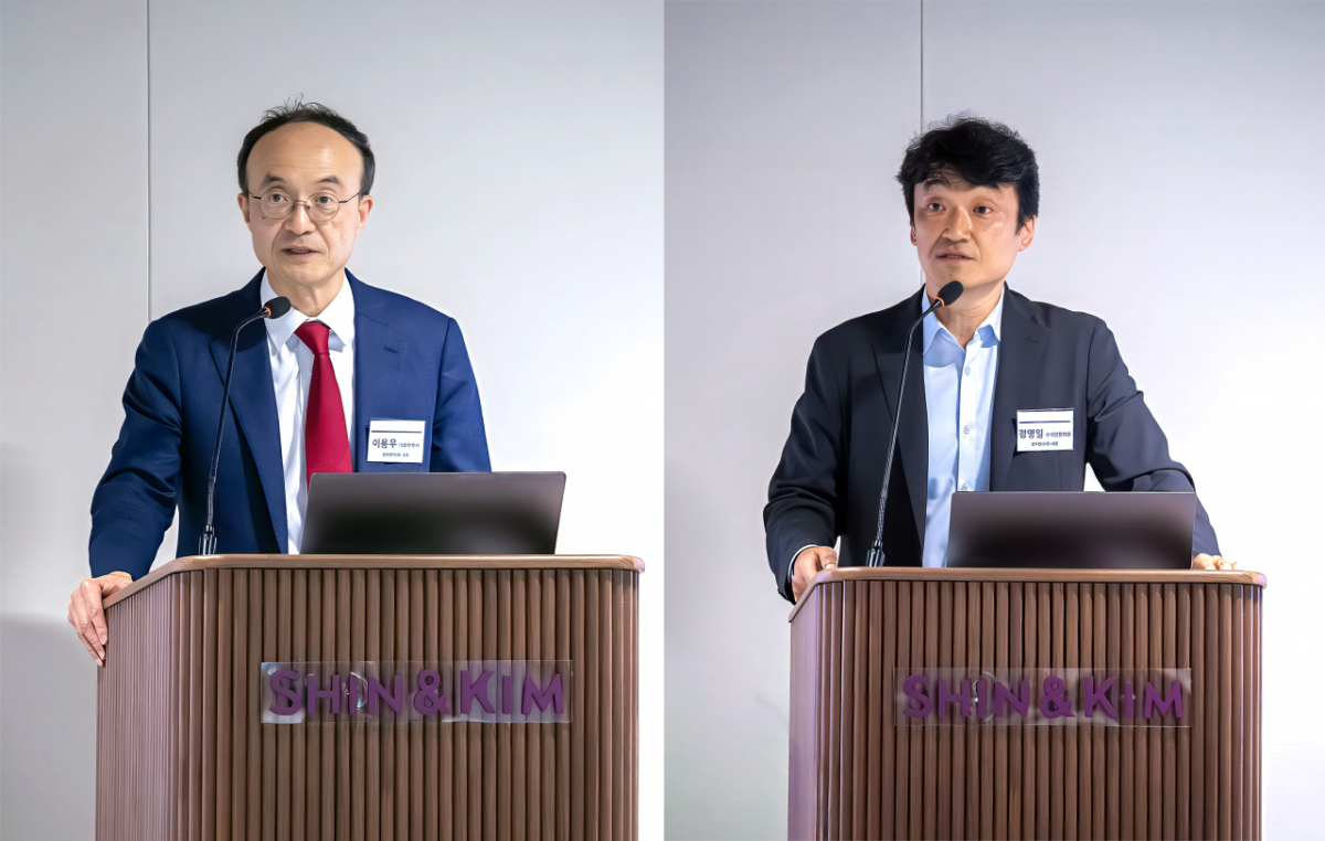 왼쪽부터 인사말 중인 이용우 대표변호사, 발표 중인 정영일 ESG 센터장./사진제공=법무법인 세종
