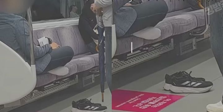 지하철 좌석에 발을 올린 승객과 이를 지적한 다른 승객 사이에 언쟁이 벌어진 사례도 있다. 최근 온라인에는 한 승객이 지하철 임산부 배려석에서 신발을 벗고 양반다리를 한 채 여러 자리를 차지했다가 다른 승객과 실랑이를 벌이는 영상이 확산했다. /사진=유튜브 채널 '킹받는사건들' 캡처