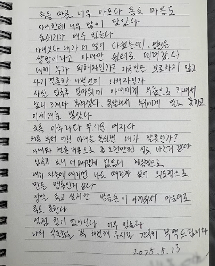 A씨는 유서에서 아내가 자신을 먼저 때려 반격을 유도한 것 같다는 의혹도 제기했다. 그는 "내가 자고 있을 때 때리면 나도 때릴 것이라고 생각해 의도적으로 한 행동 같다"며 "나의 억울함을 꼭 해결해 달라"고 적었다./사진=유튜브 채널 '투우부부'