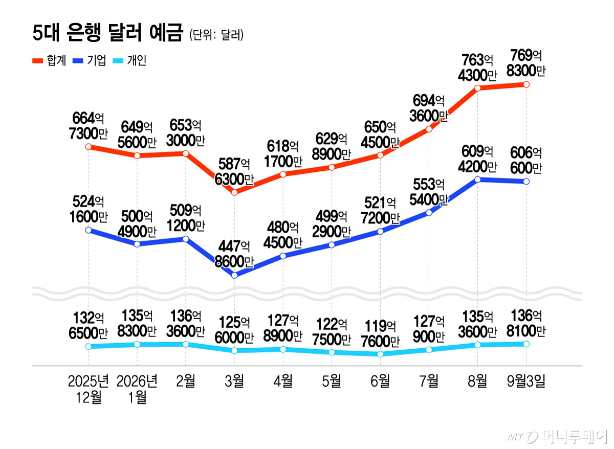 5대 은행 달러 예금/그래픽=윤선정