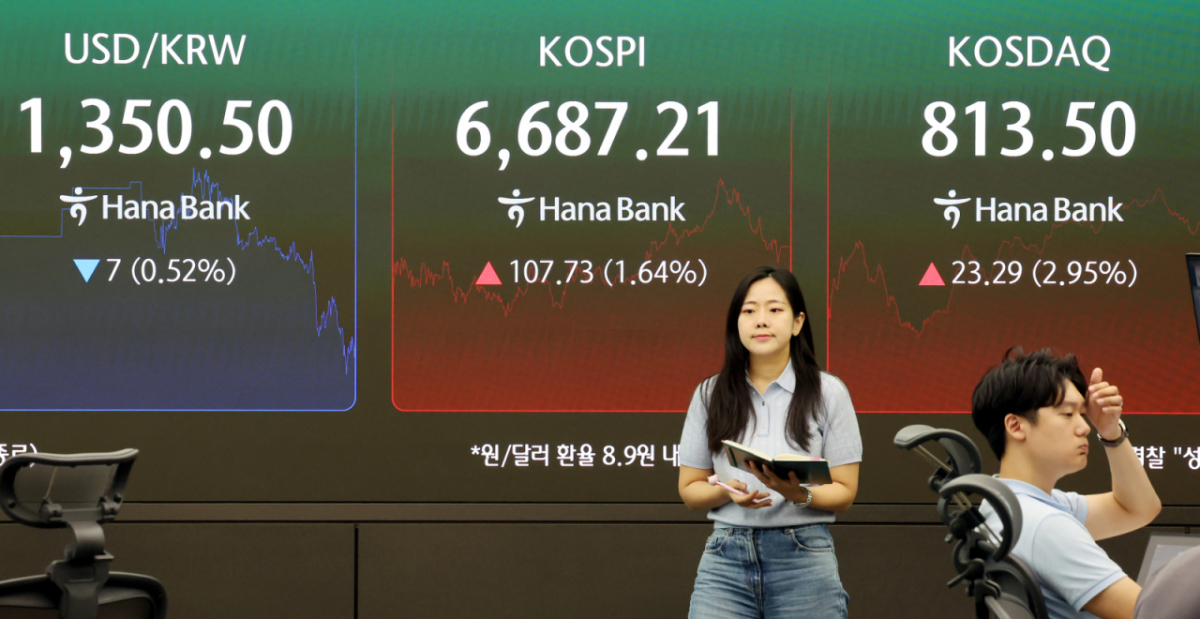 코스피가 107.73포인트(1.64%) 오른 6687.21에 장을 마감 마감한 4일 오후 서울 중구 하나은행 본점에서 딜러들이 업무를 보고 있다. 코스닥은 23.29포인트(2.95%) 오른 813.50에 마감, 원·달러 환율은 8.9원 내린 1350.4원에 마감했다. 사진=뉴시스