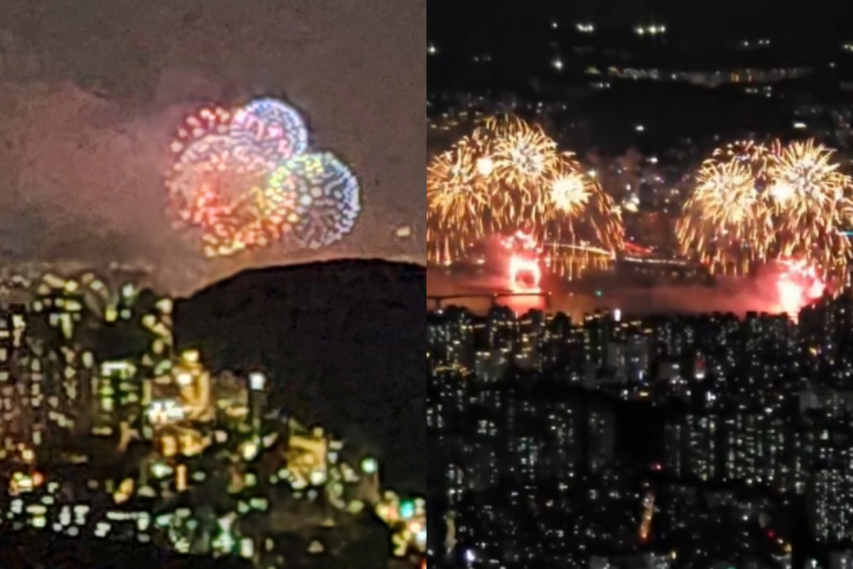 '서울세계불꽃축제 2026'이 지난 5일 서울 여의도 한강공원 일대에서 열린 가운데 관악산이 새로운 불꽃축제 관람 명소로 주목받고 있다. /사진=블로그 '뭉망뭉의 미식여행' 캡처, 엑스 @Jhon37419413175 캡처