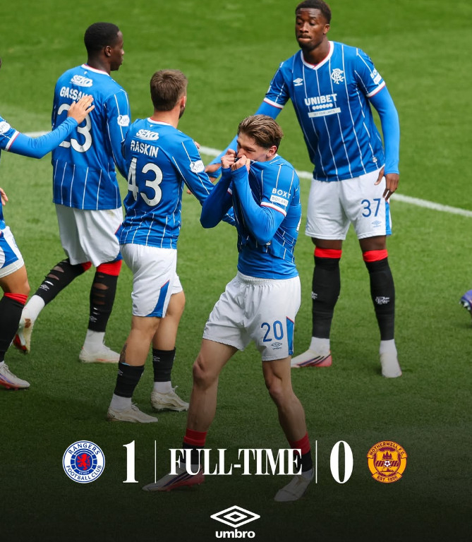 레인저스는 5일(한국시간) 스코틀랜드 글래스고의 아이브록스 스타디움에서 열린 머더웰과의 '2026~2027시즌 스코틀랜드 프리미어십' 6라운드 원정에서 1-0으로 이겼다. /사진=레인저스 공식 SNS 갈무리