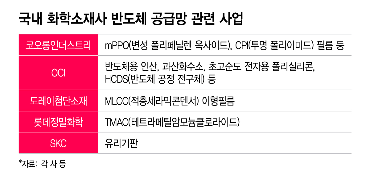 국내 화학소재사 반도체 공급망 관련 사업/그래픽=이지혜