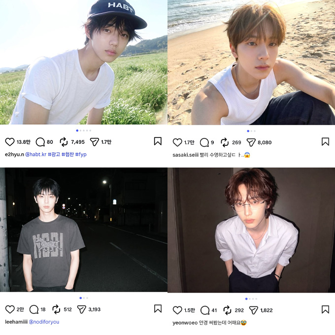 (사진 왼쪽부터 시계 방향으로)오는 10월 데뷔하는 5인조 AI(인공지능) 보이그룹 muuo:23(뮤오이십삼)의 멤버 이이현·사사키 세이·서연우·이하민 인스타그램 캡처. /사진=각 인스타그램