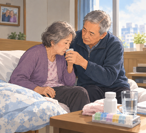 파킨슨병을 앓고 있는 아내를 간호하는 70대 남편 이미지. /사진=챗GPT