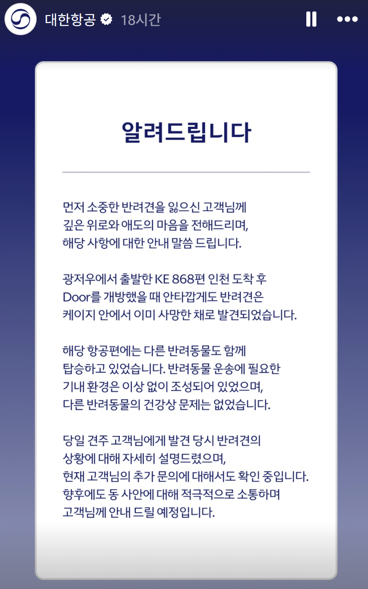 대한항공이 이 사건과 관련해 온라인 SNS를 통해 공개한 입장문./사진=대한항공 SNS 갈무리