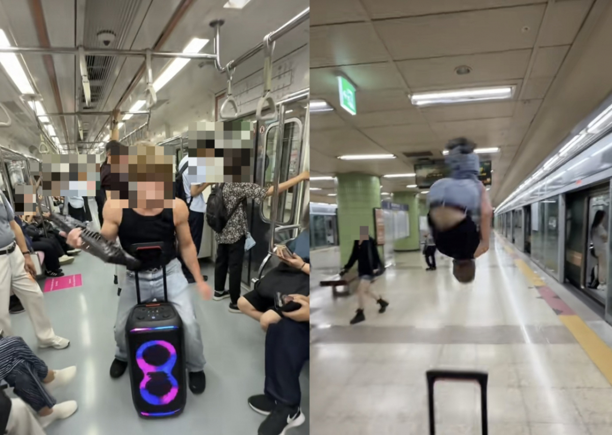 외국인 틱톡커가 서울 지하철 승강장에서 음악에 맞춰 춤을 추며 백플립을 하고 있다./사진=틱톡 갈무리