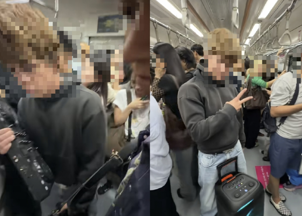 큰 음악소리를 견디지 못해 귀를 막거나, 통로를 막아선 A씨로 인해 하차 시 큰 불편을 겪는 승객들도 있었다/사진=틱톡 갈무리