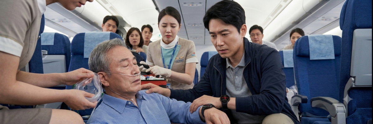 기내 응급상황 속 갤럭시워치로 심박수를 체크하는 모습./사진=제미나이로 형성된 이미지