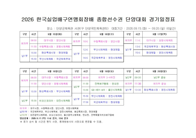 2026 한국실업배구연맹회장배 종합선수권 단양대회 경기 일정표. /사진=한국실업배구연맹 제공