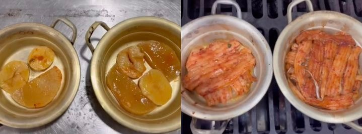 식당 측이 올린 조리 영상 캡처본. 왼쪽 냄비는 1인분, 오른쪽 냄비는 4인분양. /사진=스레드 캡처
