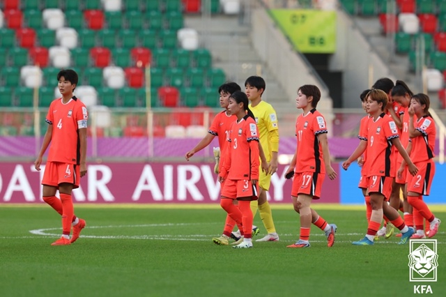 고개를 숙인 한국 여자 U-20 대표팀. /사진=대한축구협회 제공