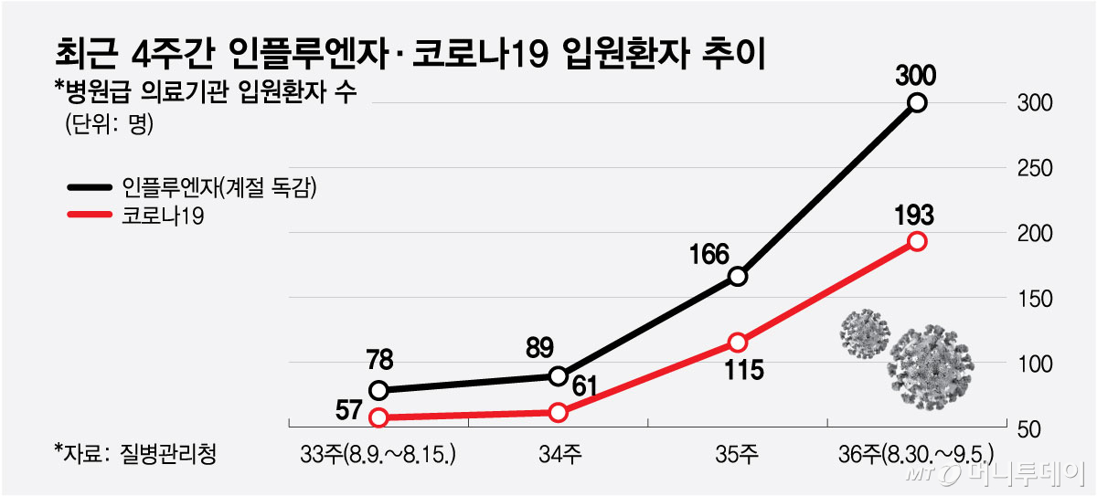 최근 4주간 인플루엔자·코로나19 입원환자 추이. /그래픽=최헌정 디자인기자
